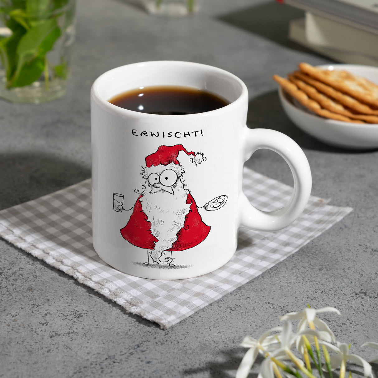 Weihnachtsmann am Naschen Kaffeebecher mit Spruch Erwischt