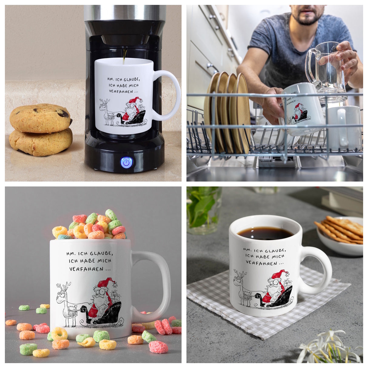 Weihnachtsmann im Schlitten Kaffeebecher mit Spruch Habe mich verfahren