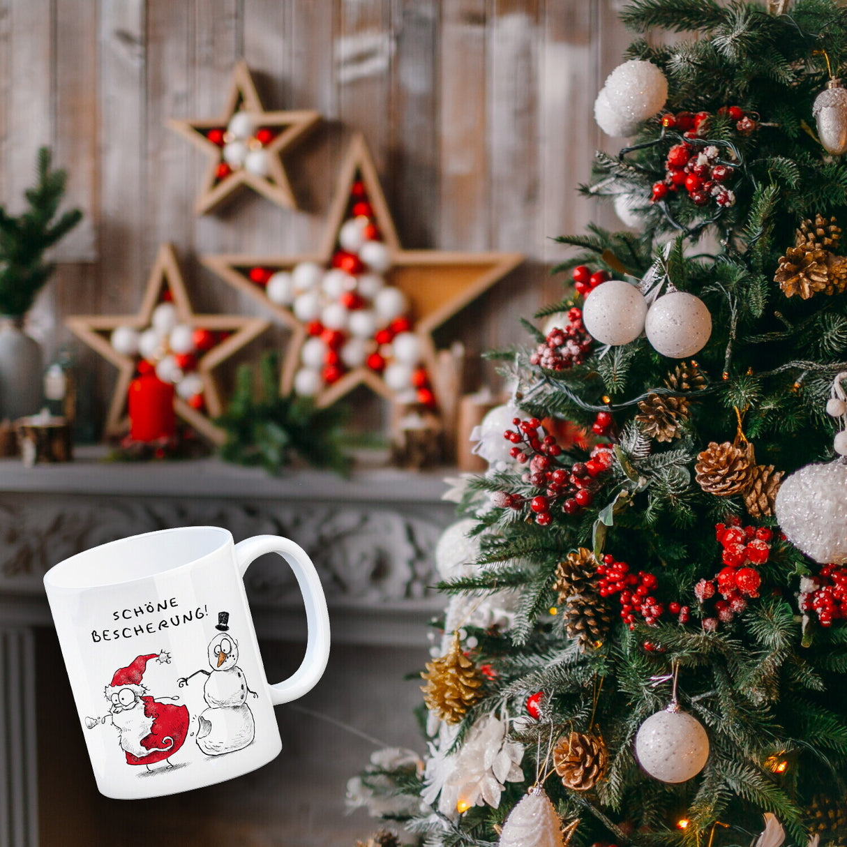 Weihnachtsmann und Schneemann Kaffeebecher mit Spruch Schöne Bescherung