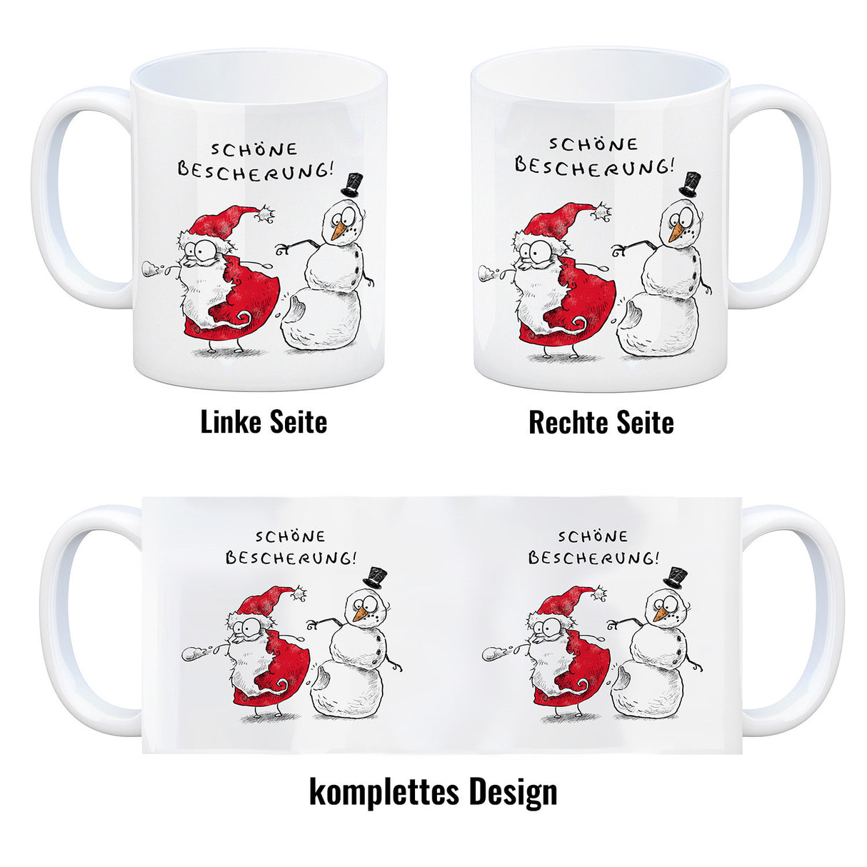 Weihnachtsmann und Schneemann Kaffeebecher mit Spruch Schöne Bescherung