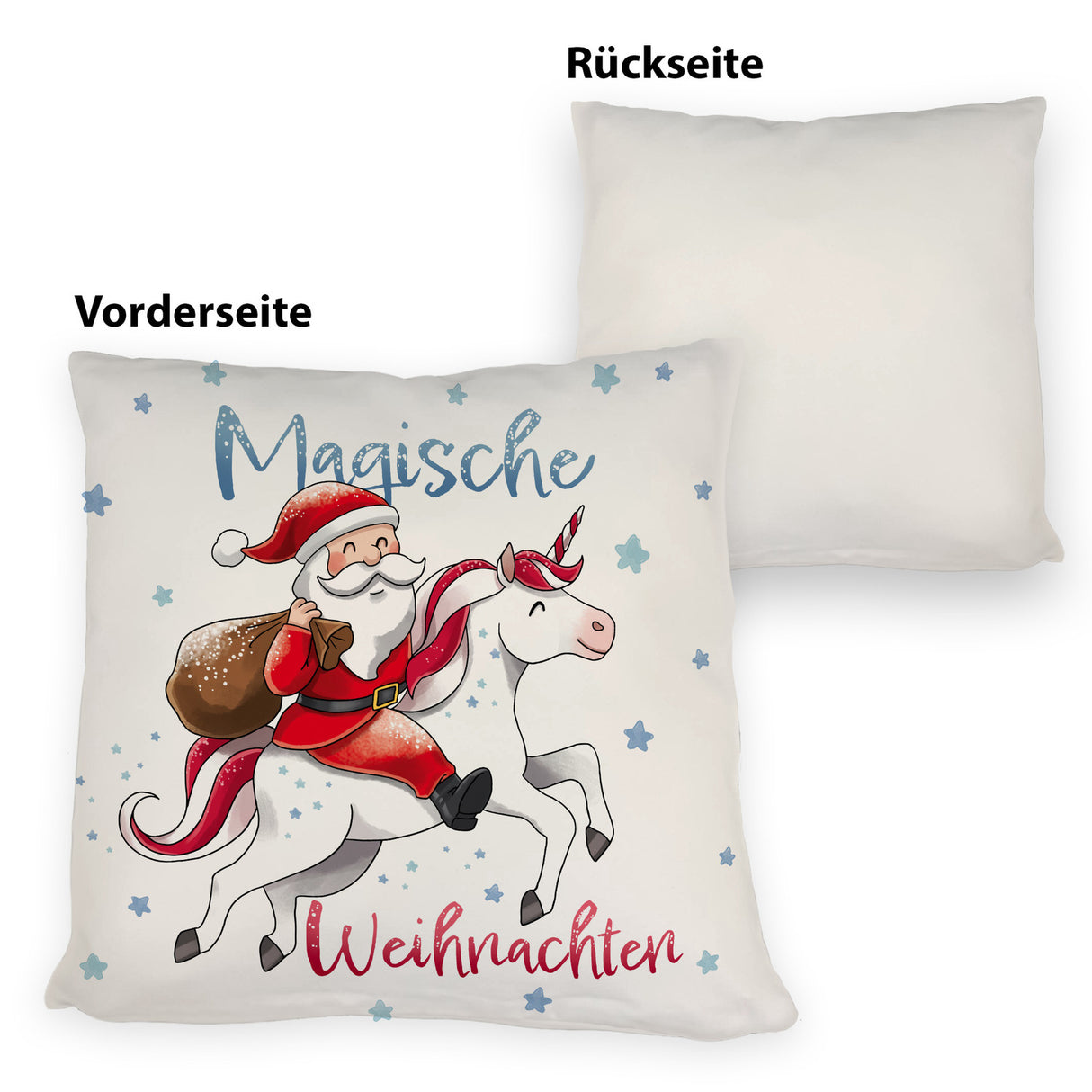 Weihnachtsmann auf Einhorn Kissen mit Spruch Magische Weihnachten