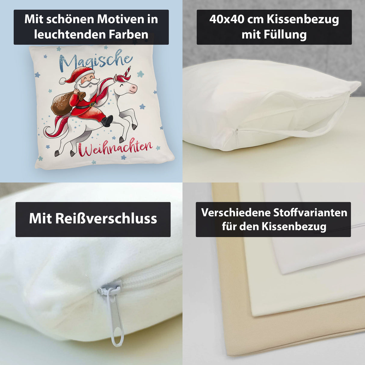 Weihnachtsmann auf Einhorn Kissen mit Spruch Magische Weihnachten