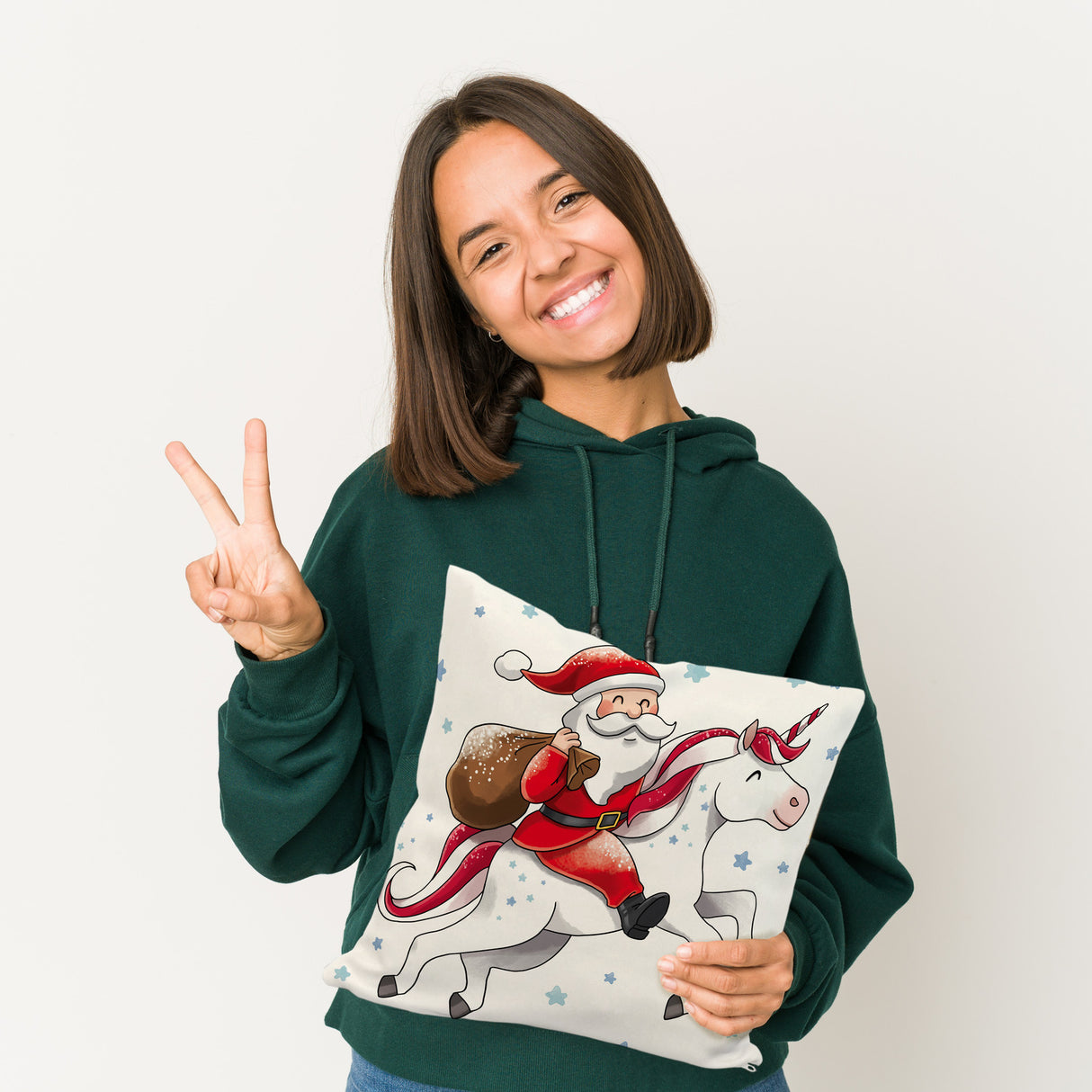 Weihnachtsmann auf Einhorn Kissen