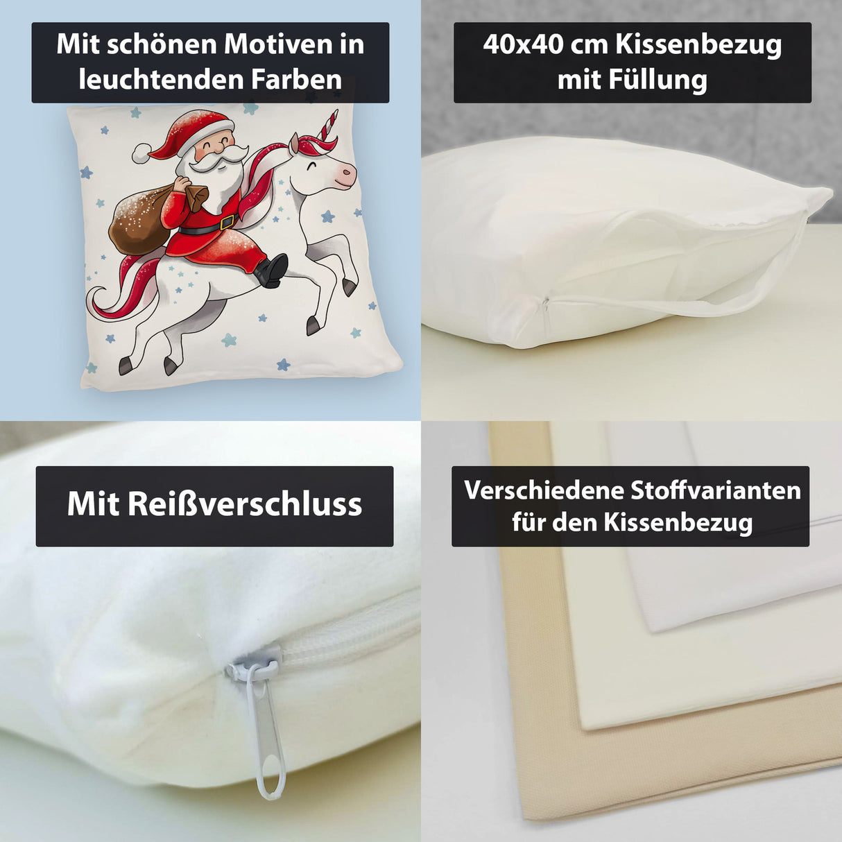 Weihnachtsmann auf Einhorn Kissen
