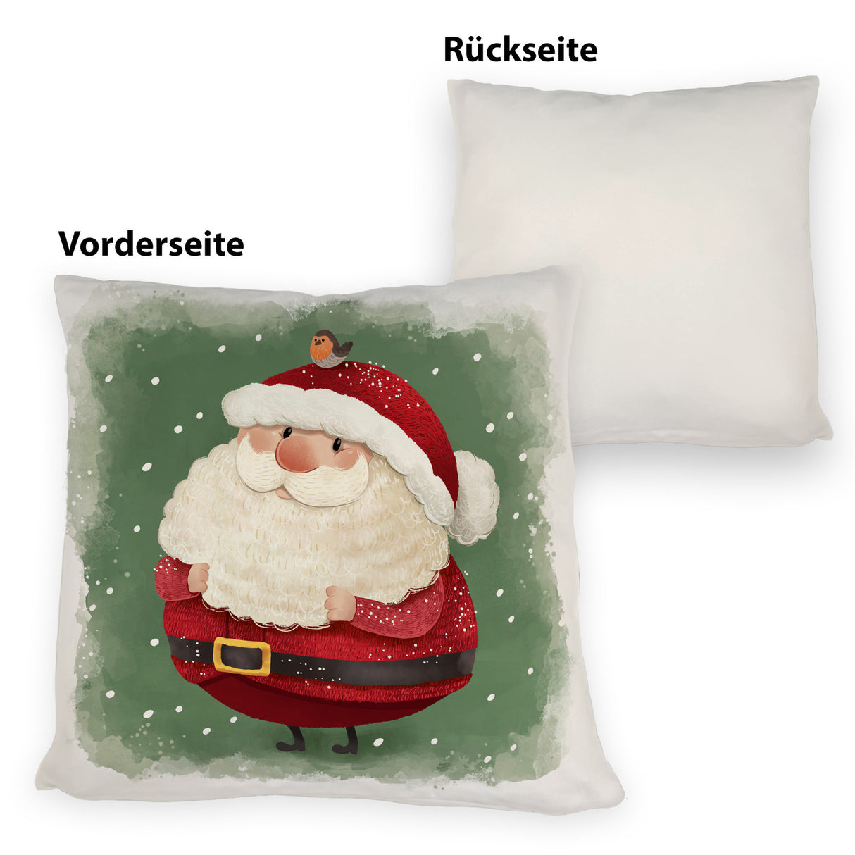 Weihnachtsmann und Rotkehlchen Kissen mit grünem Hintergrund