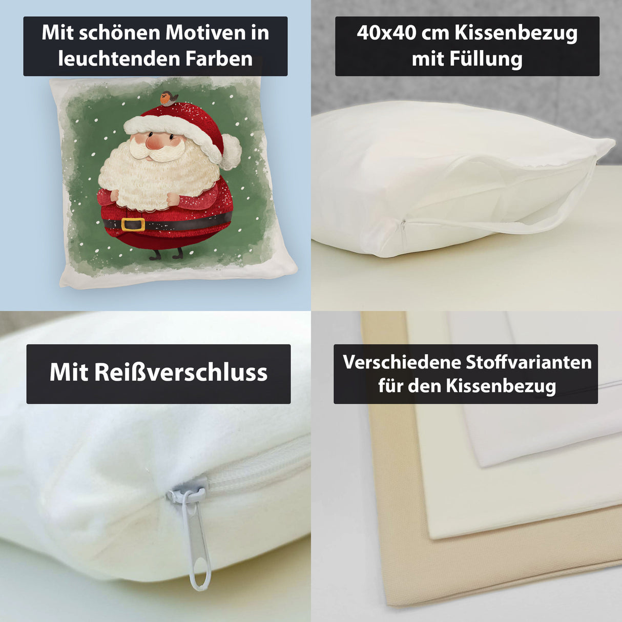 Weihnachtsmann und Rotkehlchen Kissen mit grünem Hintergrund