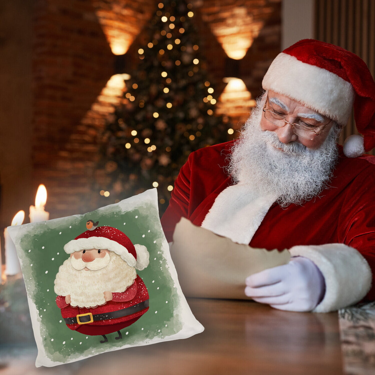 Weihnachtsmann und Rotkehlchen Kissen mit grünem Hintergrund