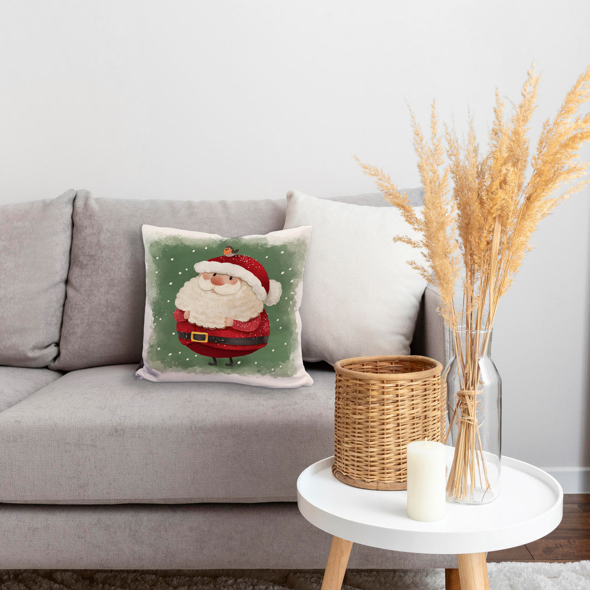 Weihnachtsmann und Rotkehlchen Kissen mit grünem Hintergrund