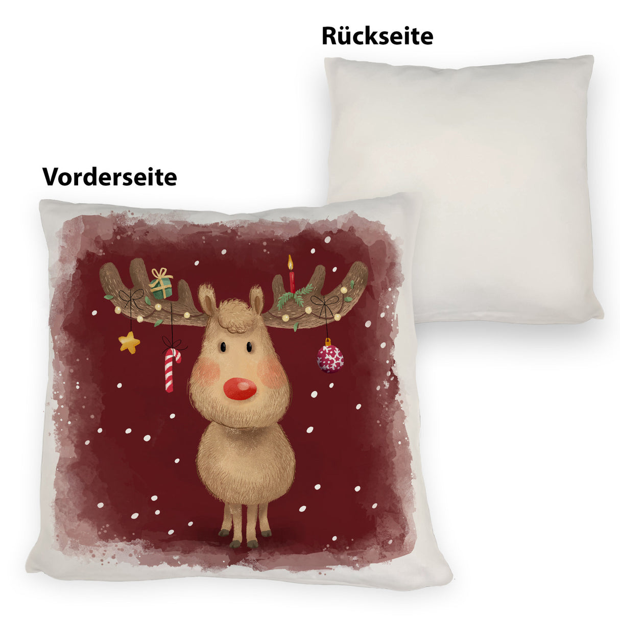 Rentier mit Weihnachtsschmuck Kissen mit rotem Hintergrund