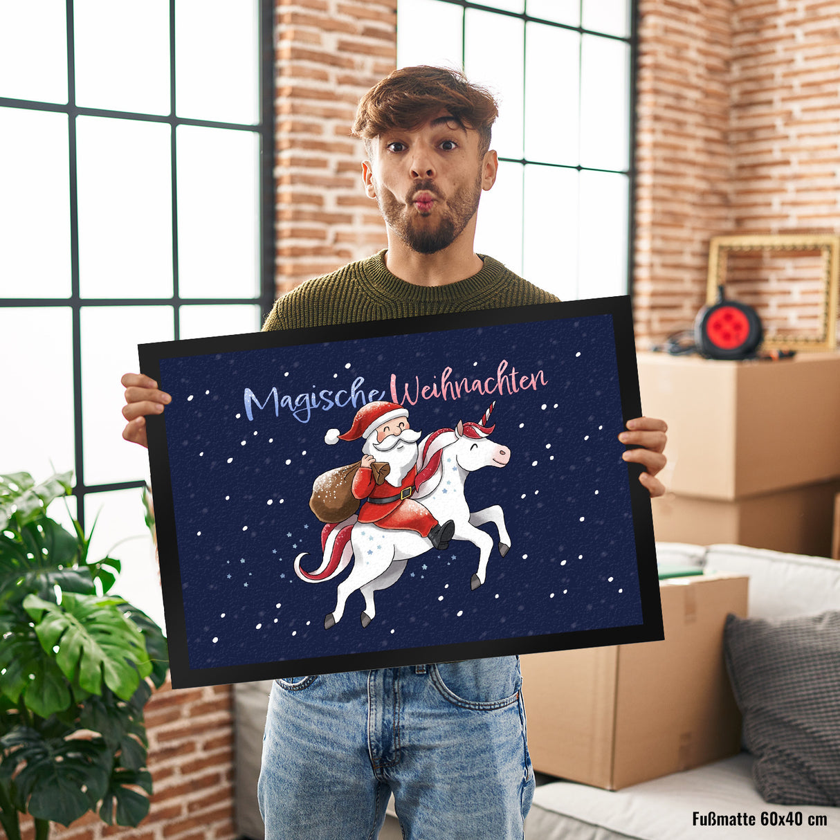 Weihnachtsmann auf Einhorn Fußmatte in 35x50 cm mit Spruch Magische Weihnachten