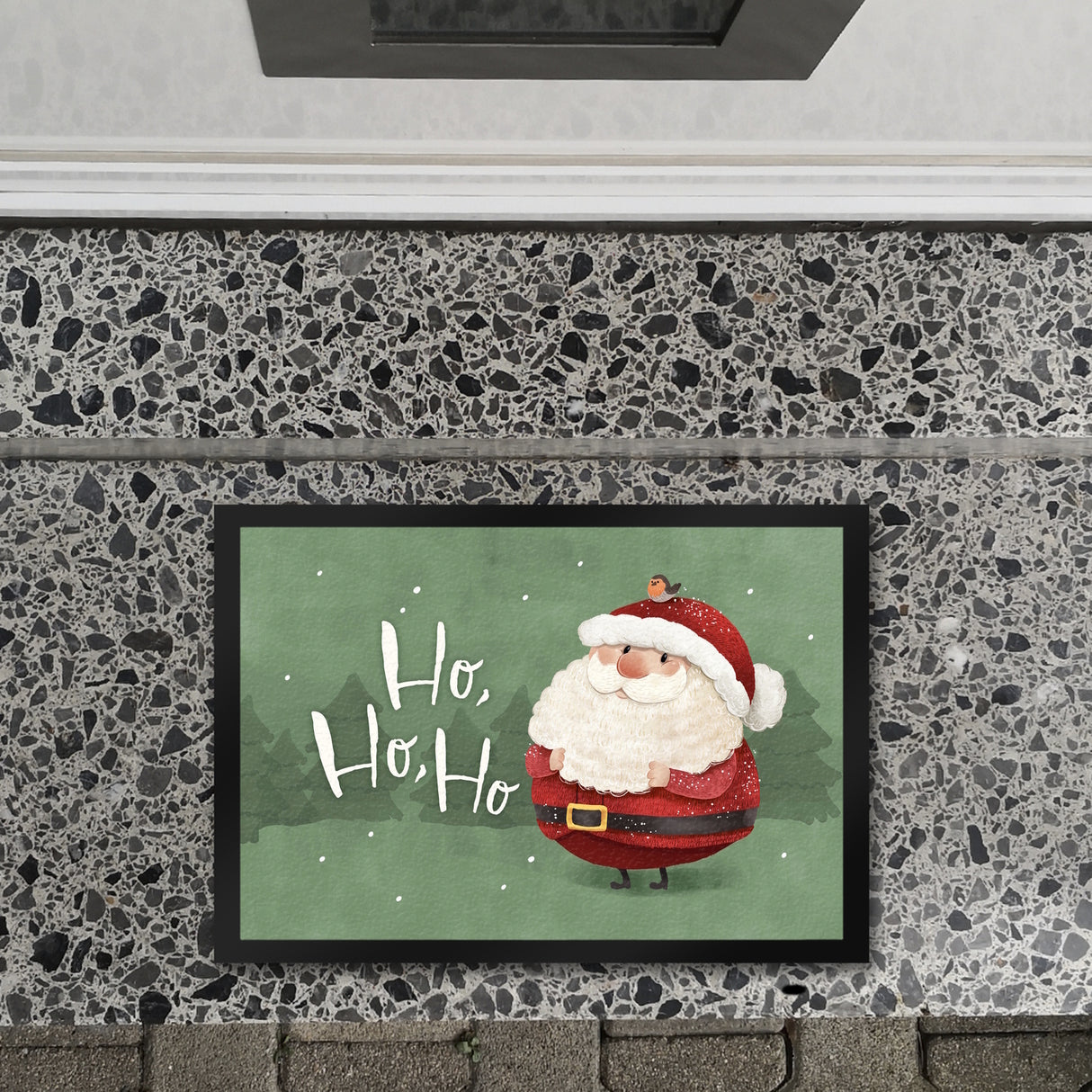 Weihnachtsmann mit Rotkehlchen Fußmatte in 35x50 cm mit Spruch Ho Ho Ho
