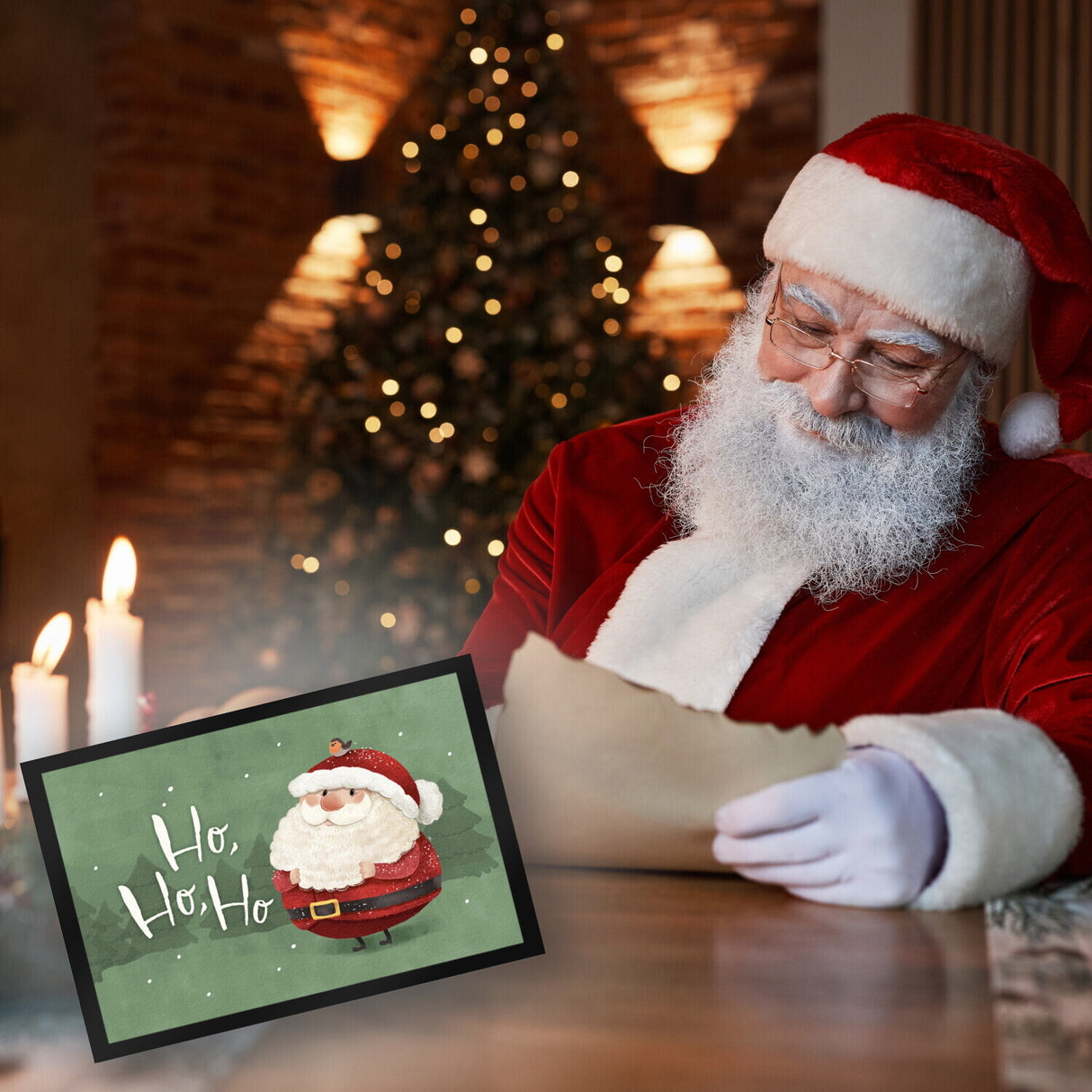 Weihnachtsmann mit Rotkehlchen Fußmatte in 35x50 cm mit Spruch Ho Ho Ho