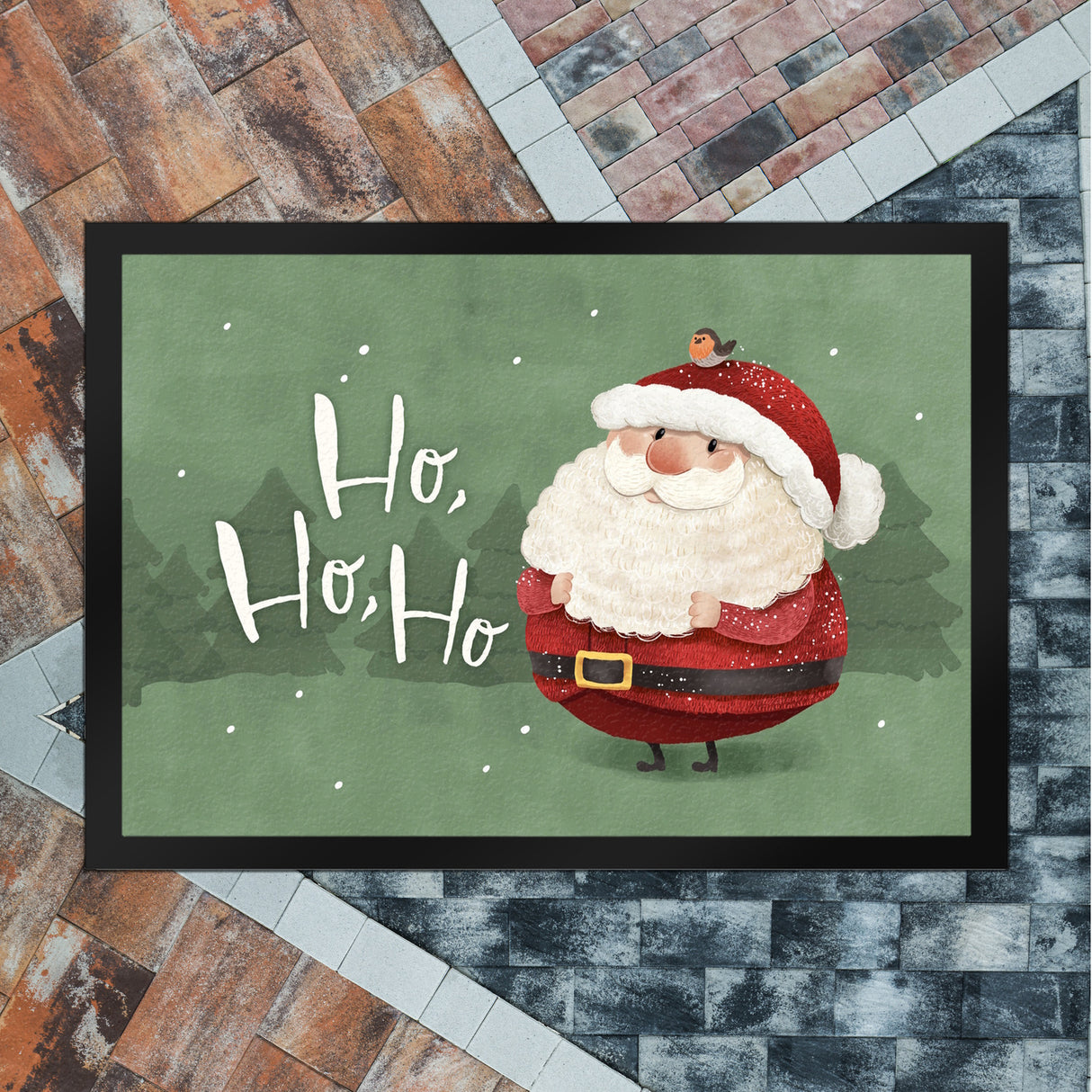 Weihnachtsmann mit Rotkehlchen Fußmatte in 35x50 cm mit Spruch Ho Ho Ho