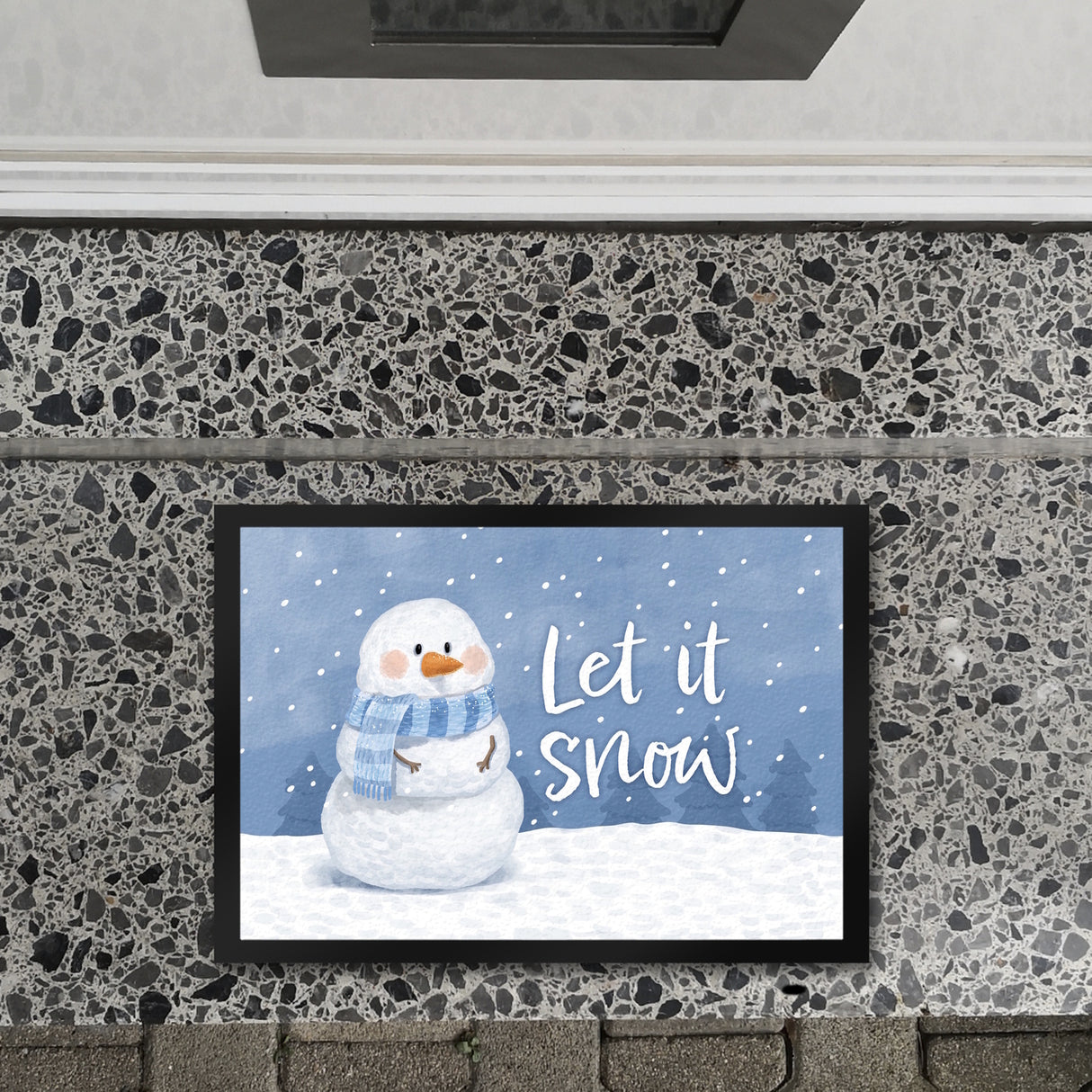 Schneemann im Wintersturm Fußmatte in 35x50 cm mit Spruch Let it snow