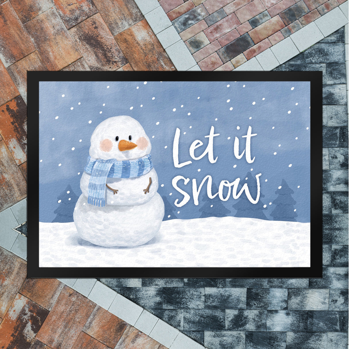 Schneemann im Wintersturm Fußmatte in 35x50 cm mit Spruch Let it snow
