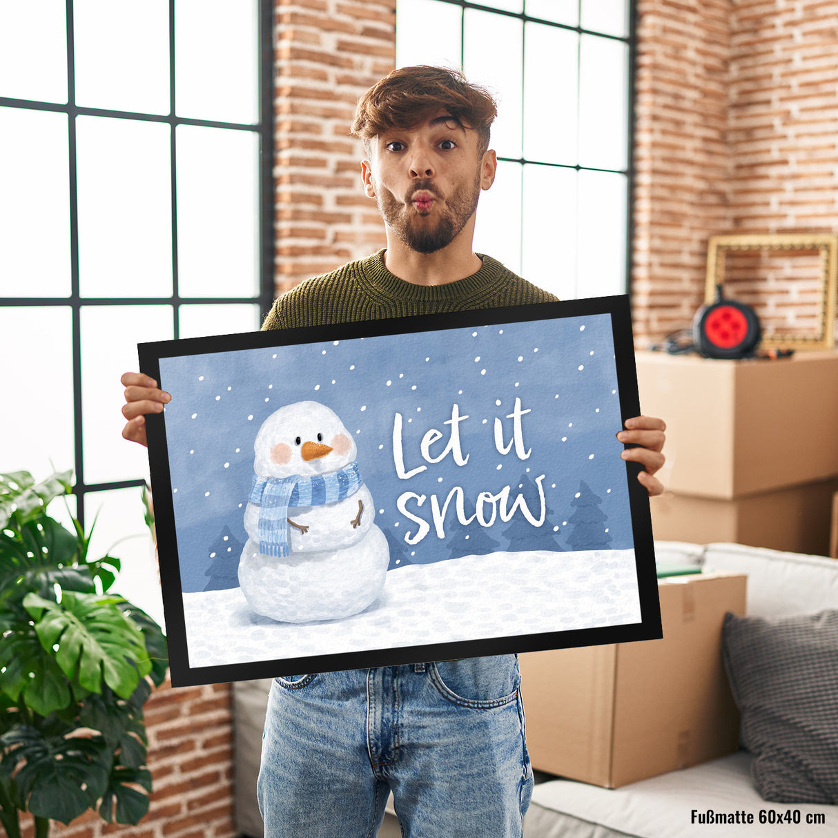 Schneemann im Wintersturm Fußmatte in 35x50 cm mit Spruch Let it snow