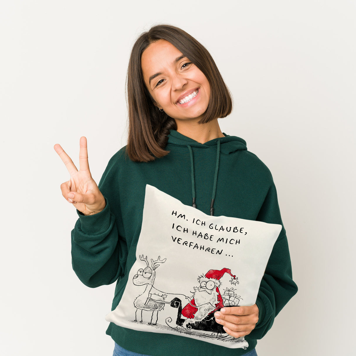 Weihnachtsmann im Schlitten Kissen mit Spruch Habe mich verfahren