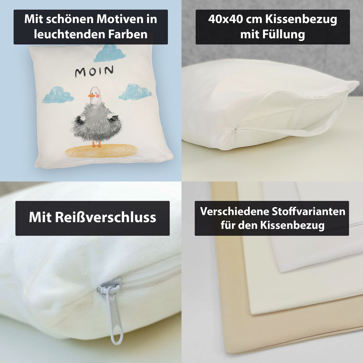 Möwe Kissen mit Spruch Moin