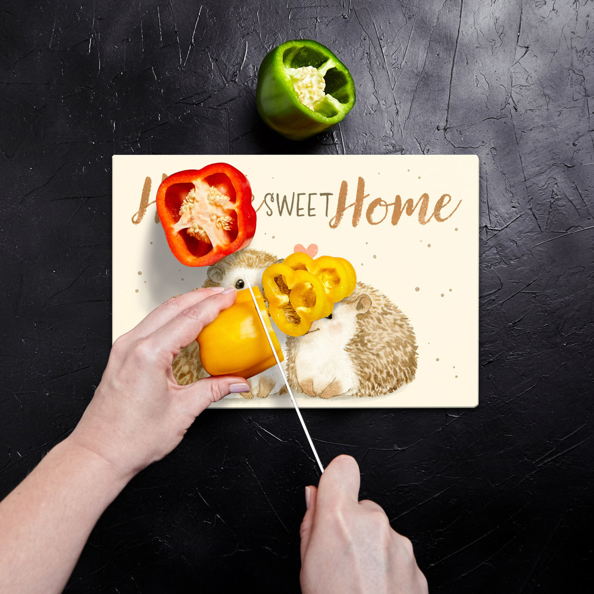 Igel Schneidebrett aus Glas mit Spruch Home Sweet Home