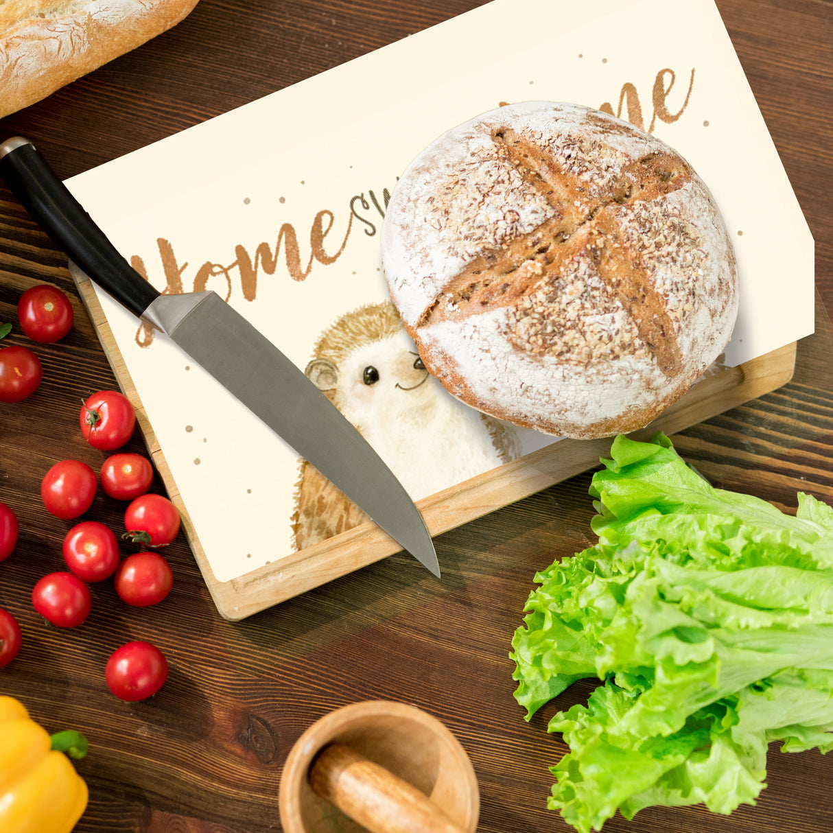 Igel Schneidebrett aus Glas mit Spruch Home Sweet Home