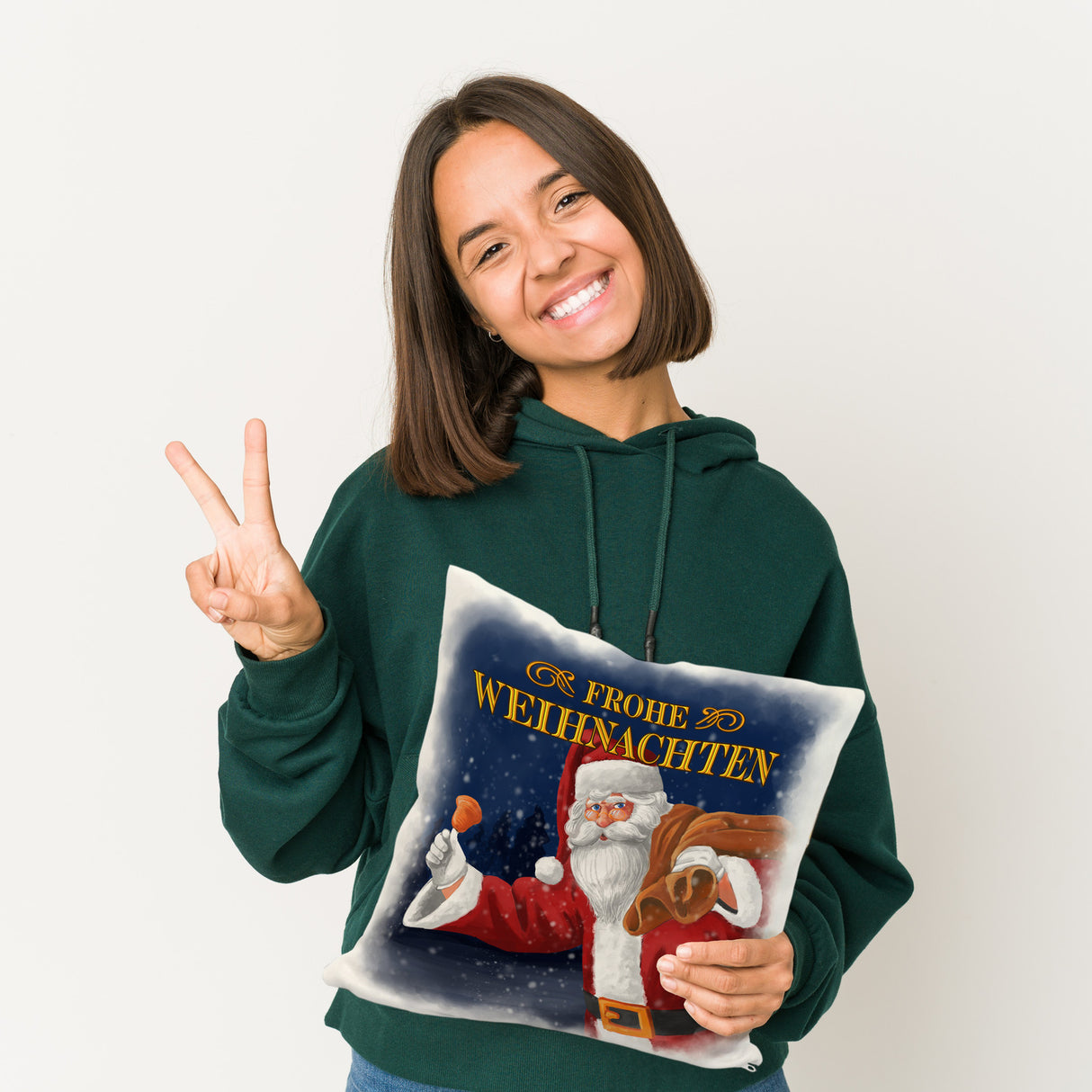 Traditioneller Weihnachtsmann Kissen mit Spruch Frohe Weihnachten