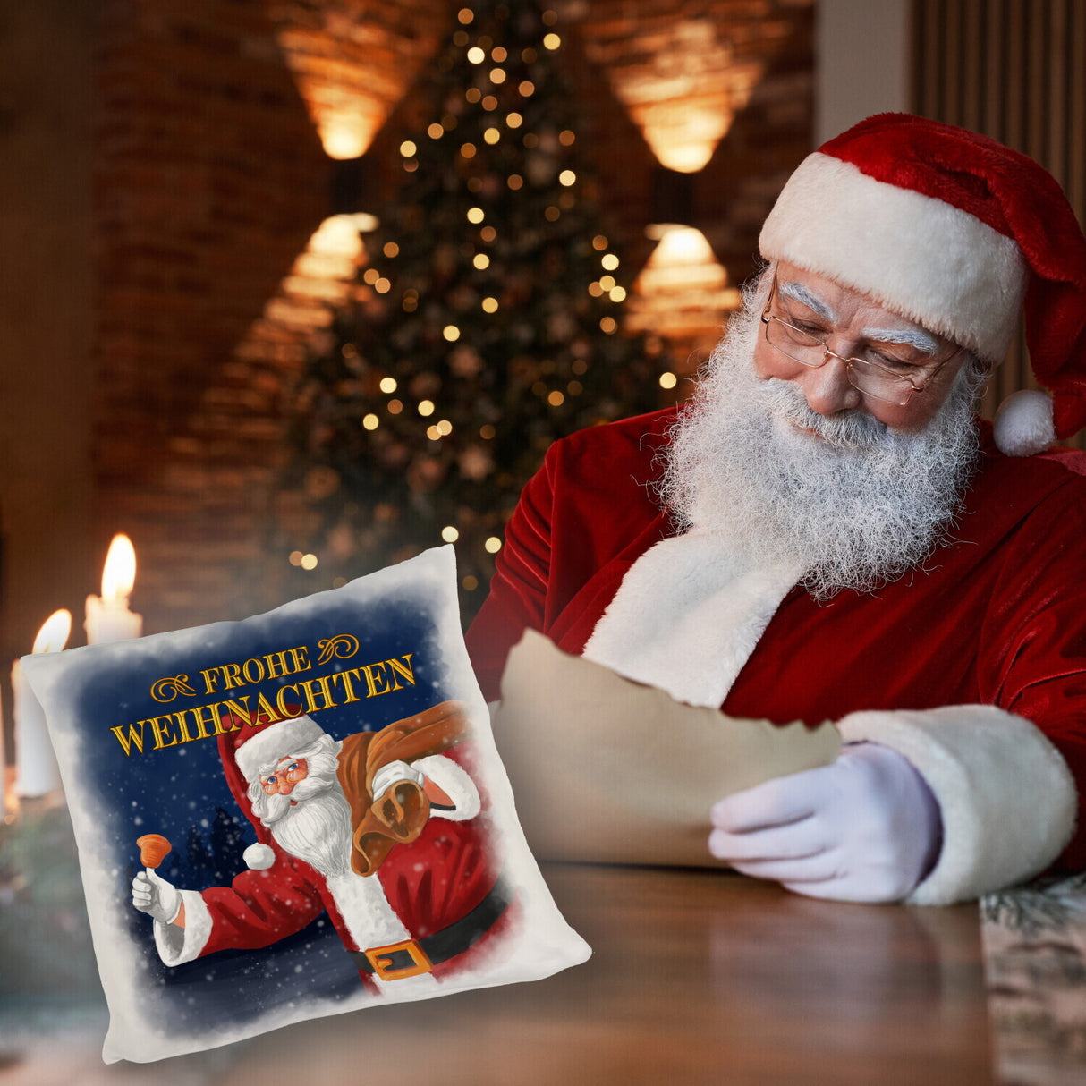 Traditioneller Weihnachtsmann Kissen mit Spruch Frohe Weihnachten