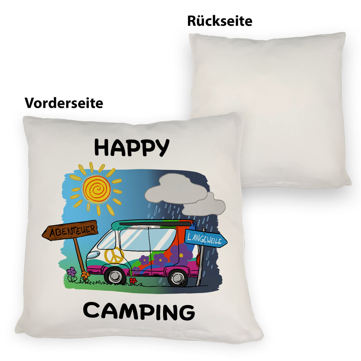 Hippie Wohnmobil Kissen mit Spruch Happy Camping