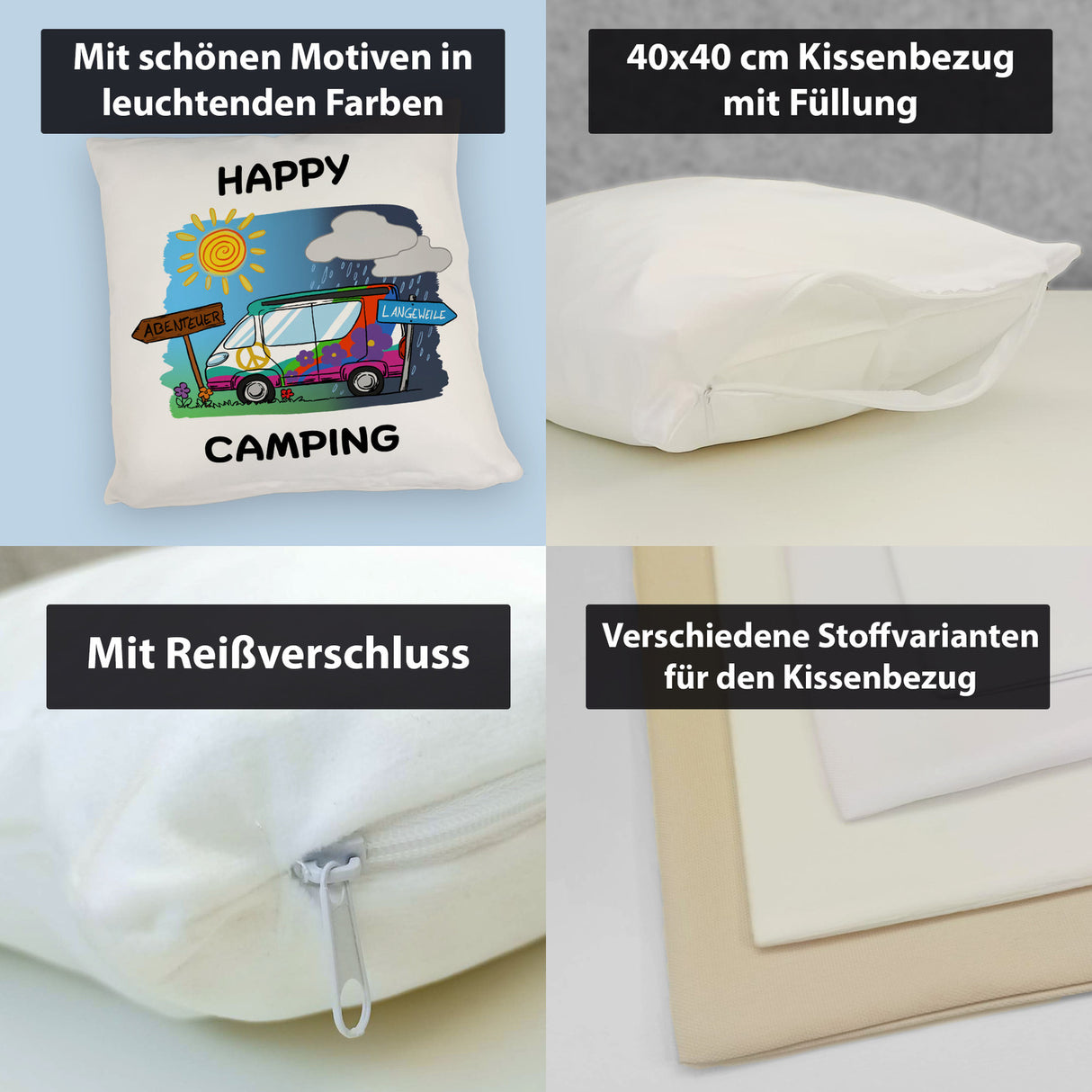 Hippie Wohnmobil Kissen mit Spruch Happy Camping