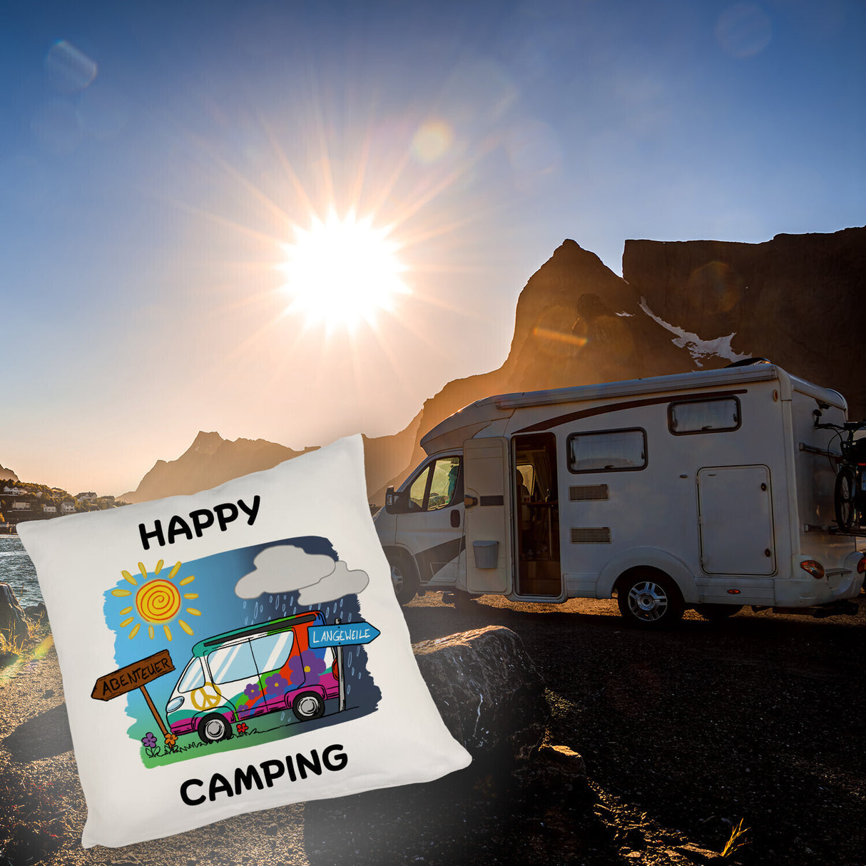 Hippie Wohnmobil Kissen mit Spruch Happy Camping