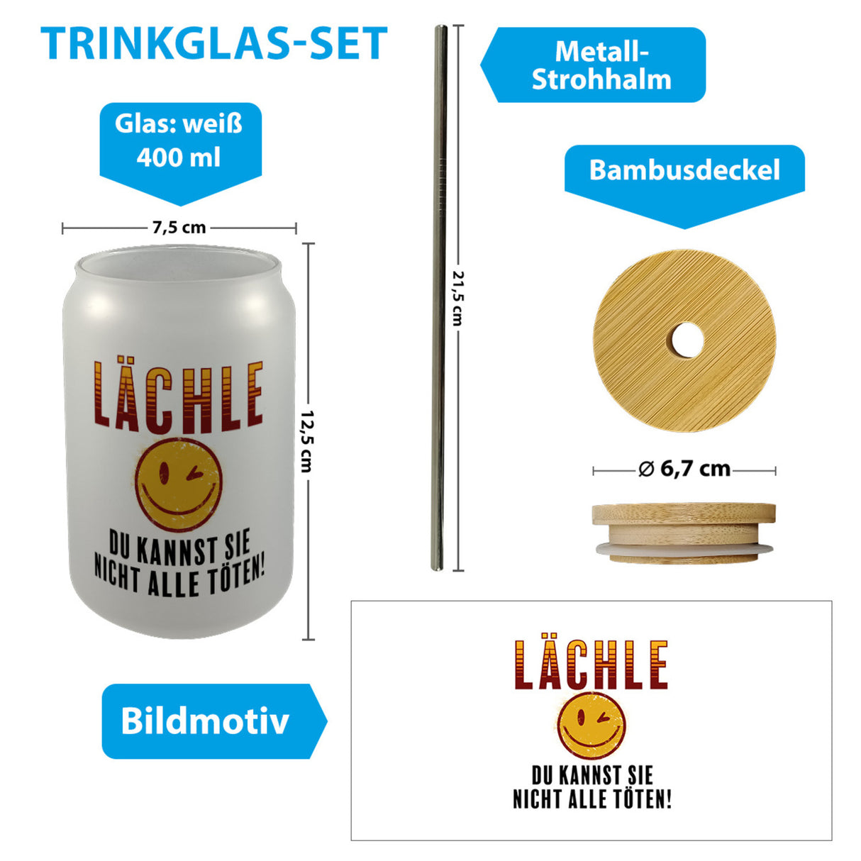 Emoticon Trinkglas mit Bambusdeckel mit Spruch Lächle du kannst sie nicht alle töten