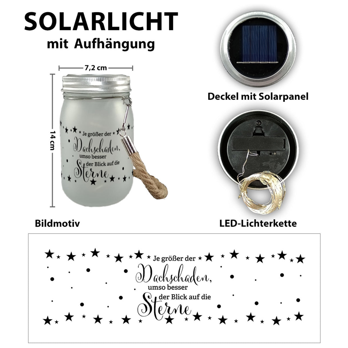 Sterne Solarlicht mit Spruch Je größer der Dachschaden