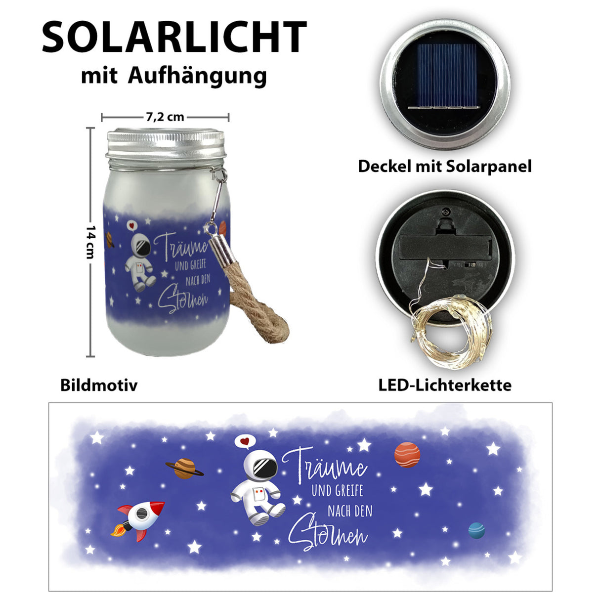Kleiner Astronaut Solarlicht mit Spruch Träume und greife nach den Sternen