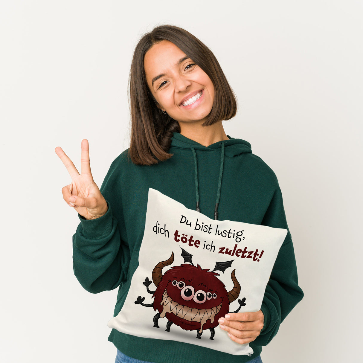 Freches Monster in dunkelrot Kissen mit lustigem Spruch