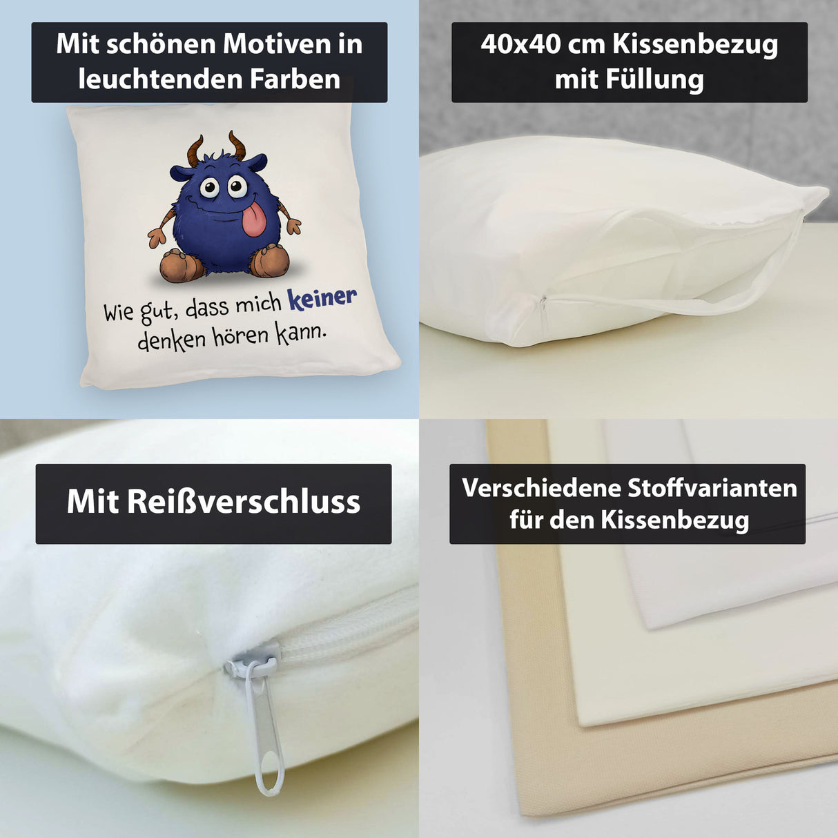 Freches Monster in dunkelblau Kissen mit lustigem Spruch