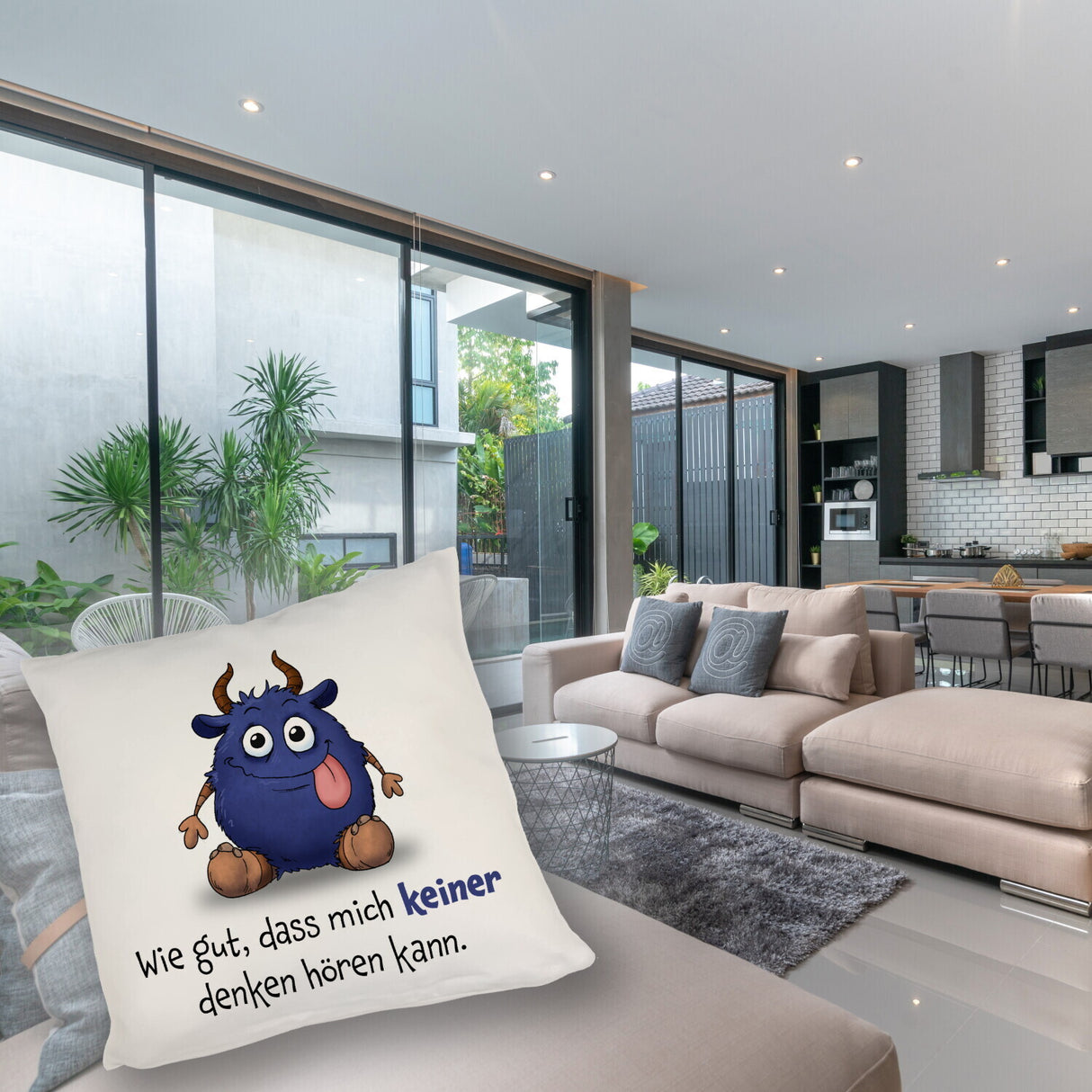 Freches Monster in dunkelblau Kissen mit lustigem Spruch