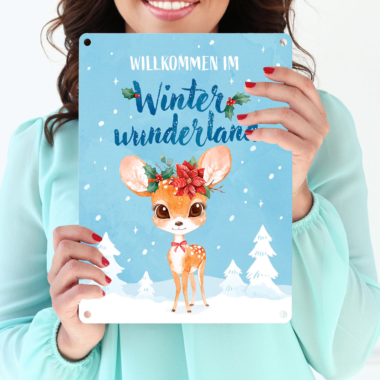 Rehkitz Metallschild in 15x20 cm mit Spruch Willkommen im Winterwunderland
