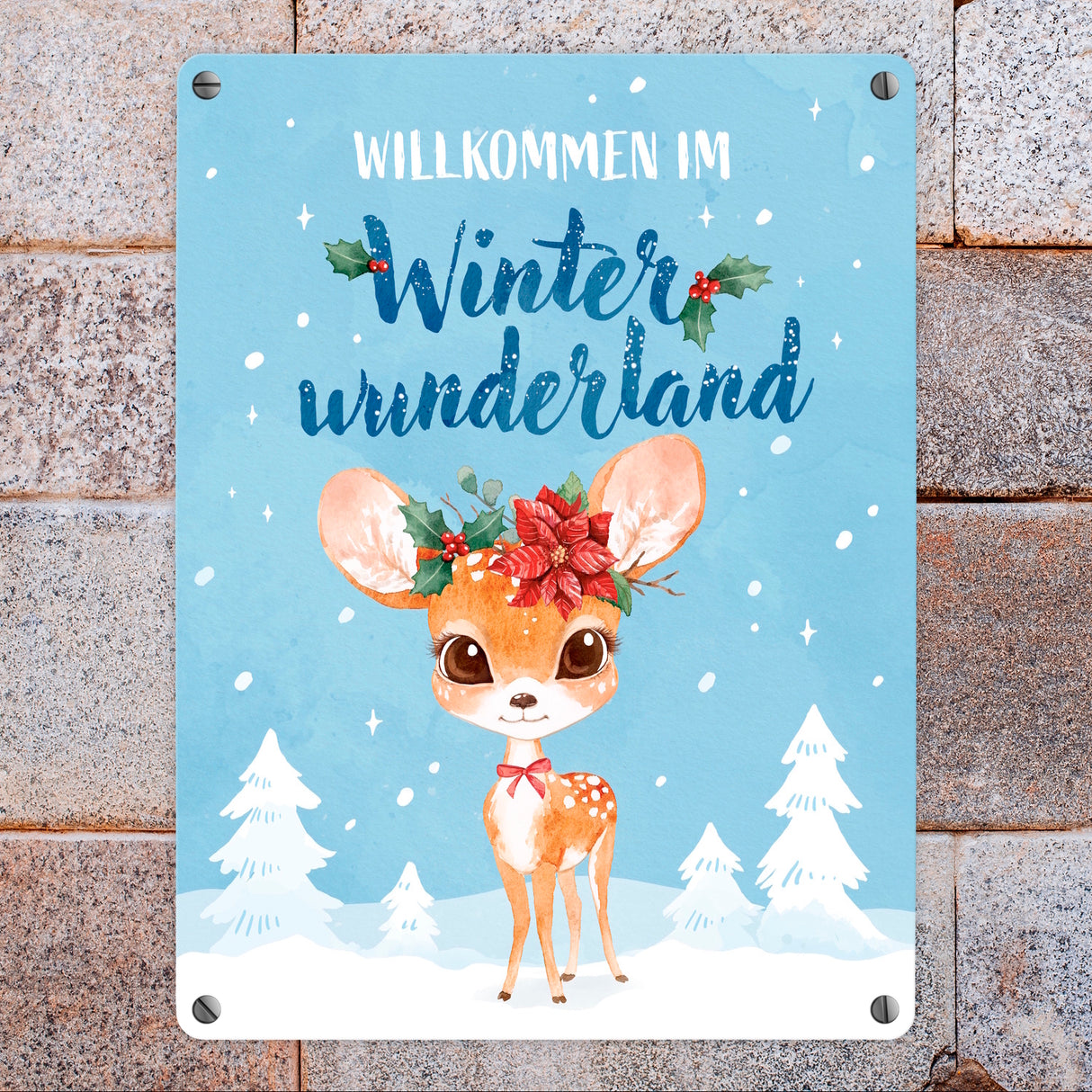 Rehkitz Metallschild in 15x20 cm mit Spruch Willkommen im Winterwunderland