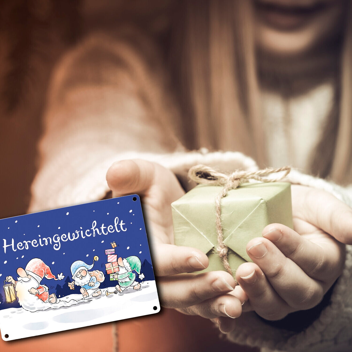 Wichtel Metallschild in 15x20 cm mit Spruch Hereingewichtelt