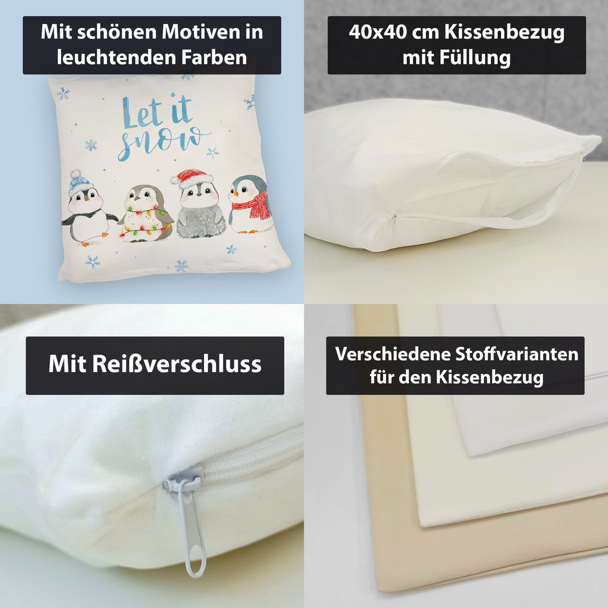 Pinguin Kissen mit Spruch Let it snow
