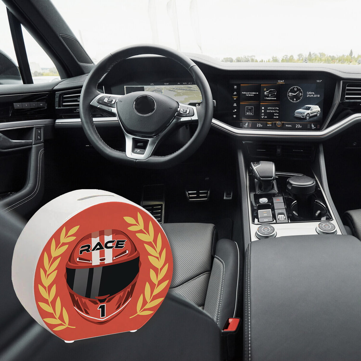 Motorsport-Helm Spardose mit Siegerkranz