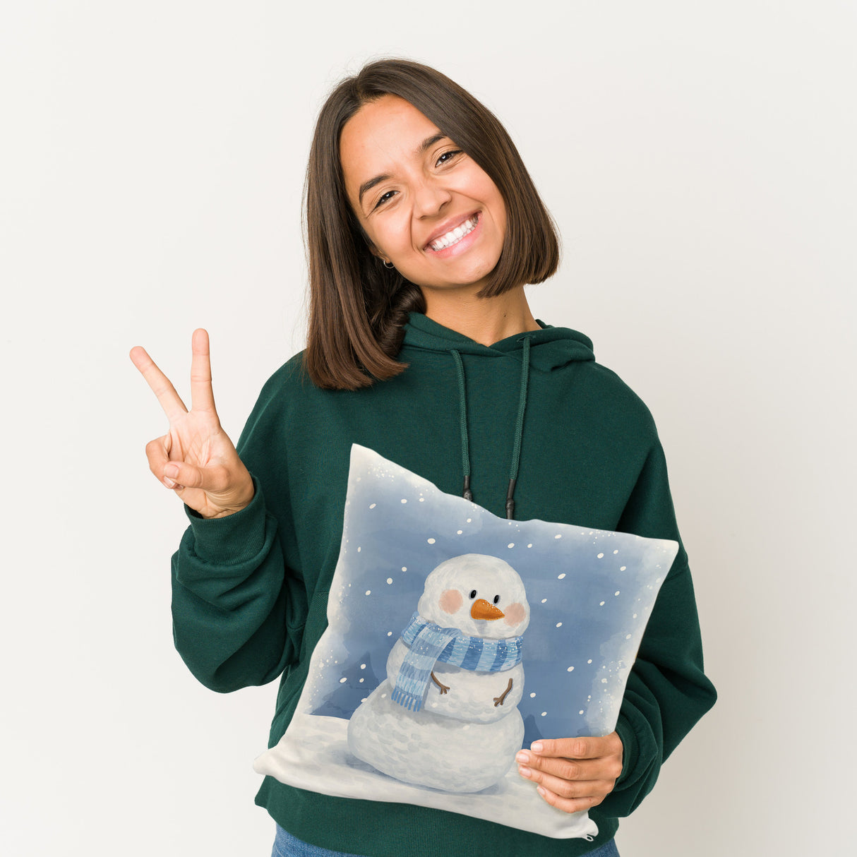 Schneemann im Wintersturm Kissen