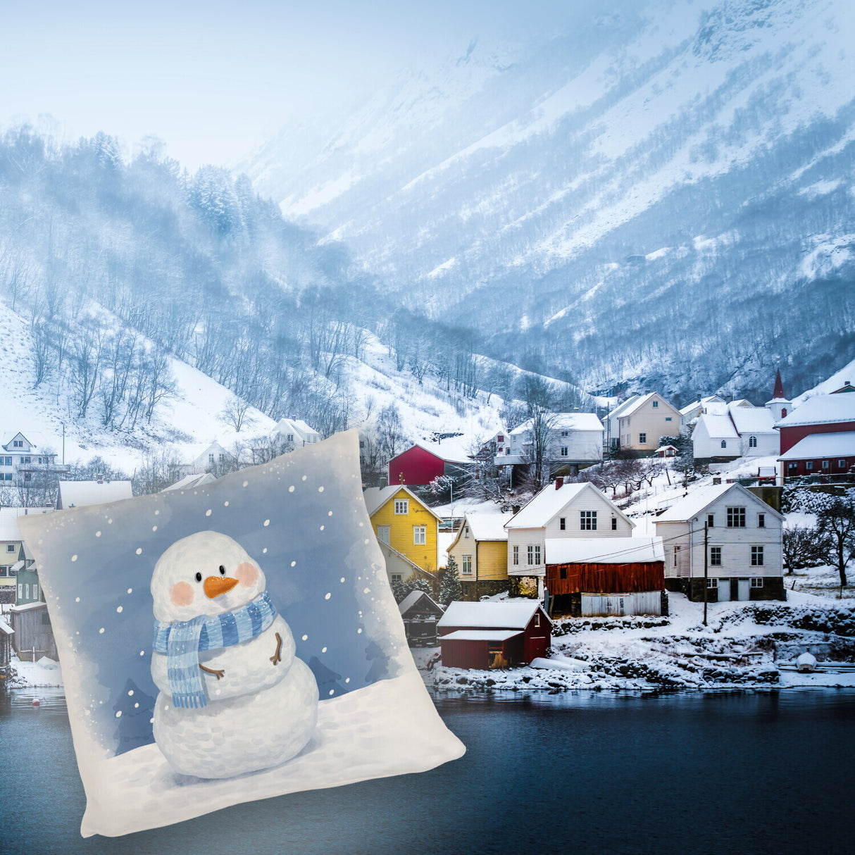 Schneemann im Wintersturm Kissen