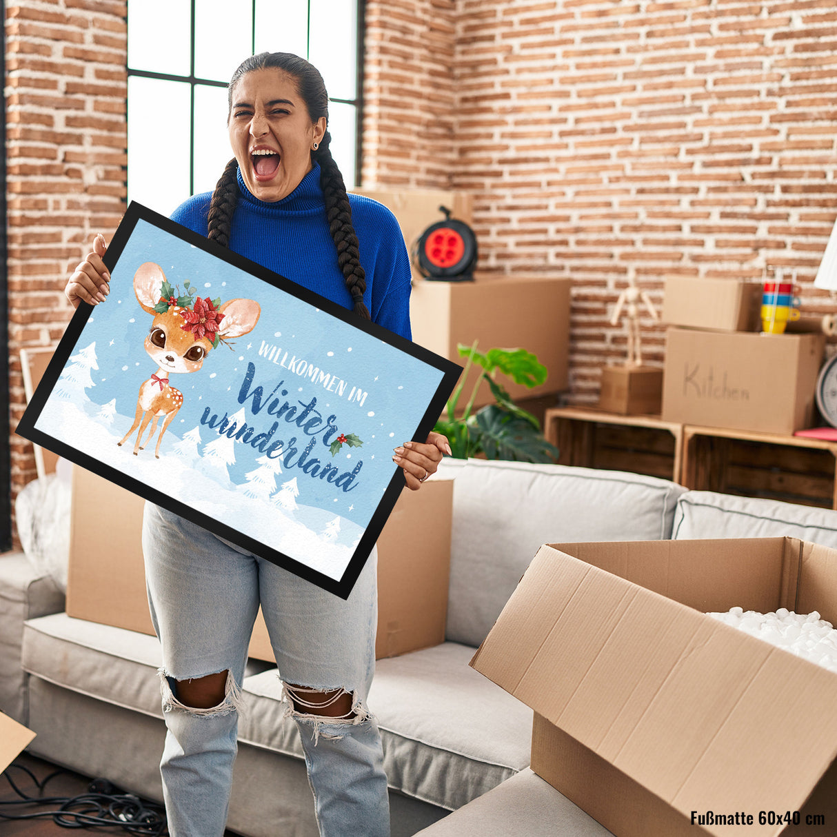 Rehkitz Fußmatte in 35x50 cm mit Spruch Willkommen im Winterwunderland