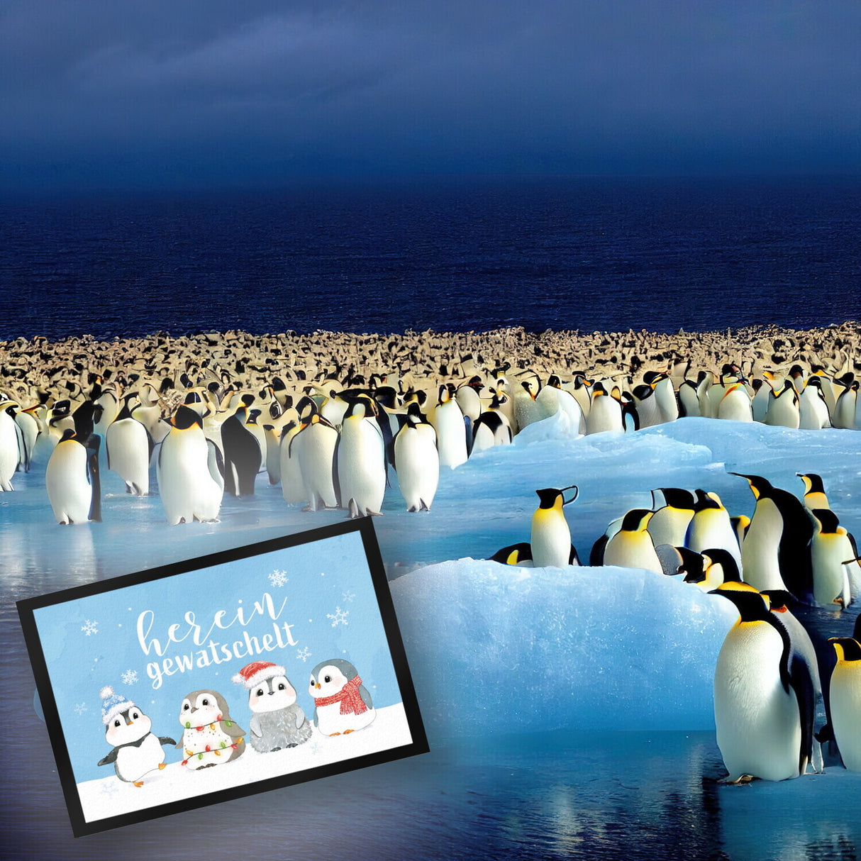 Pinguin Familie Fußmatte in 35x50 cm mit Spruch Hereingewatschelt