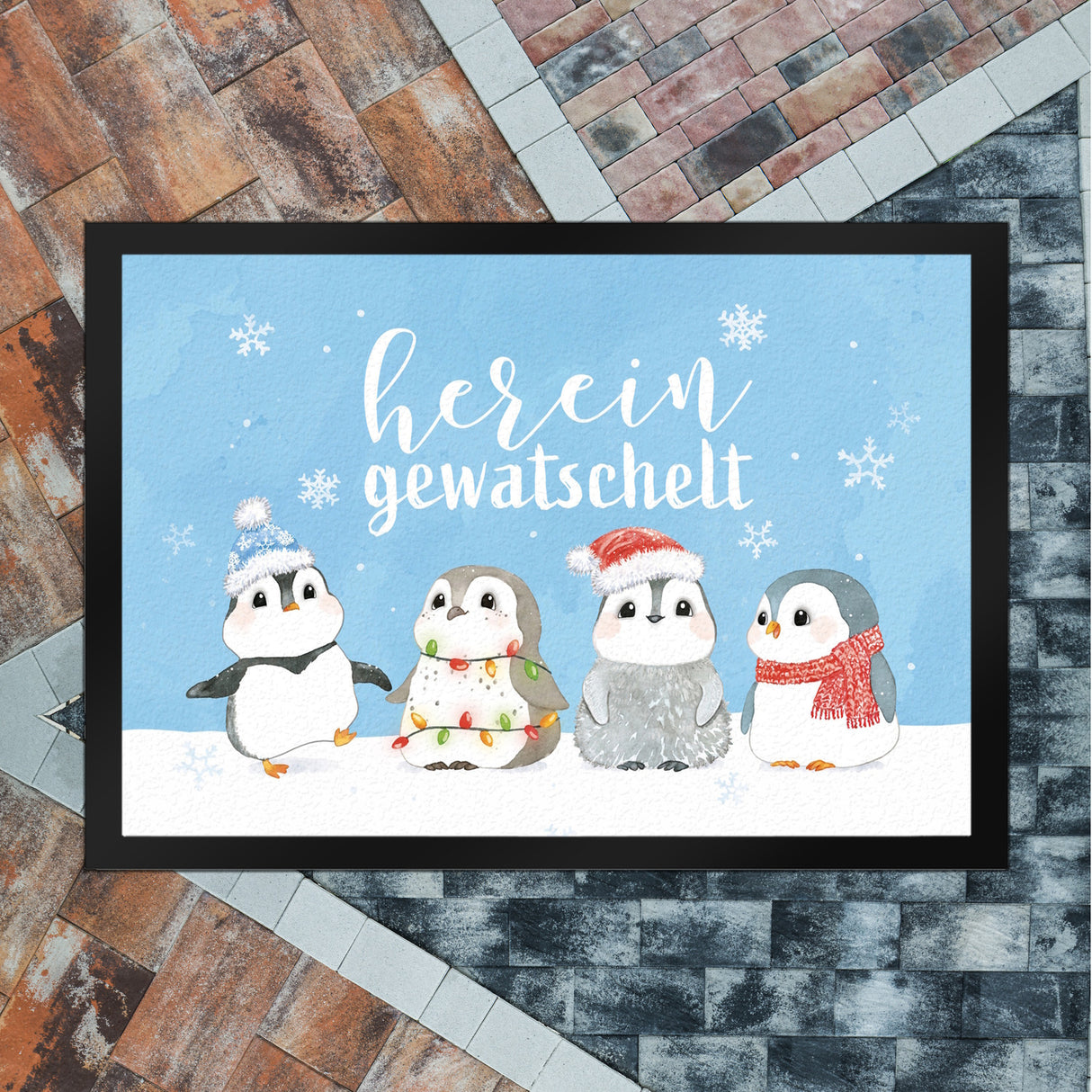 Pinguin Familie Fußmatte in 35x50 cm mit Spruch Hereingewatschelt