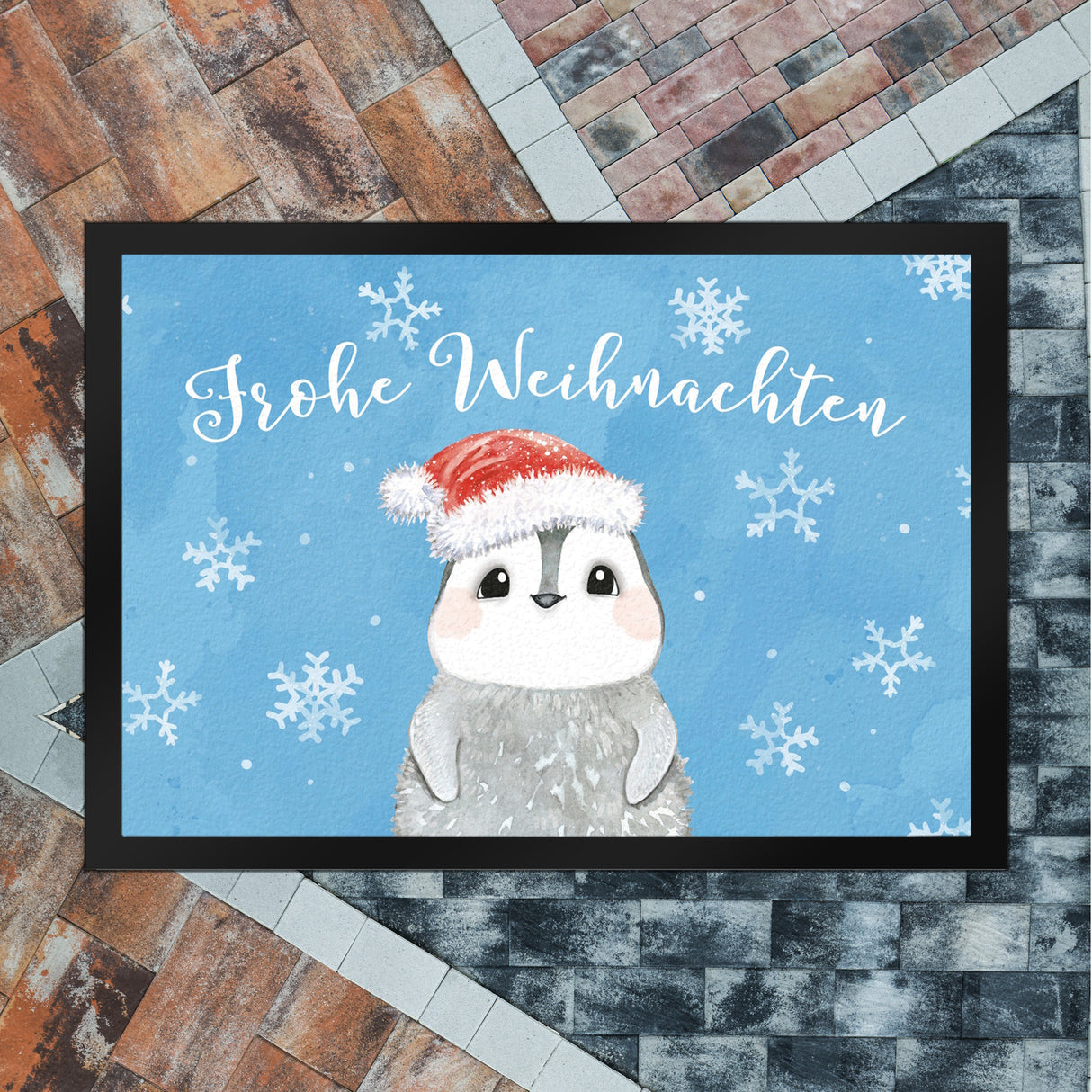 Pinguin mit Weihnachtsmütze Fußmatte in 35x50 cm und Spruch Frohe Weihnachten