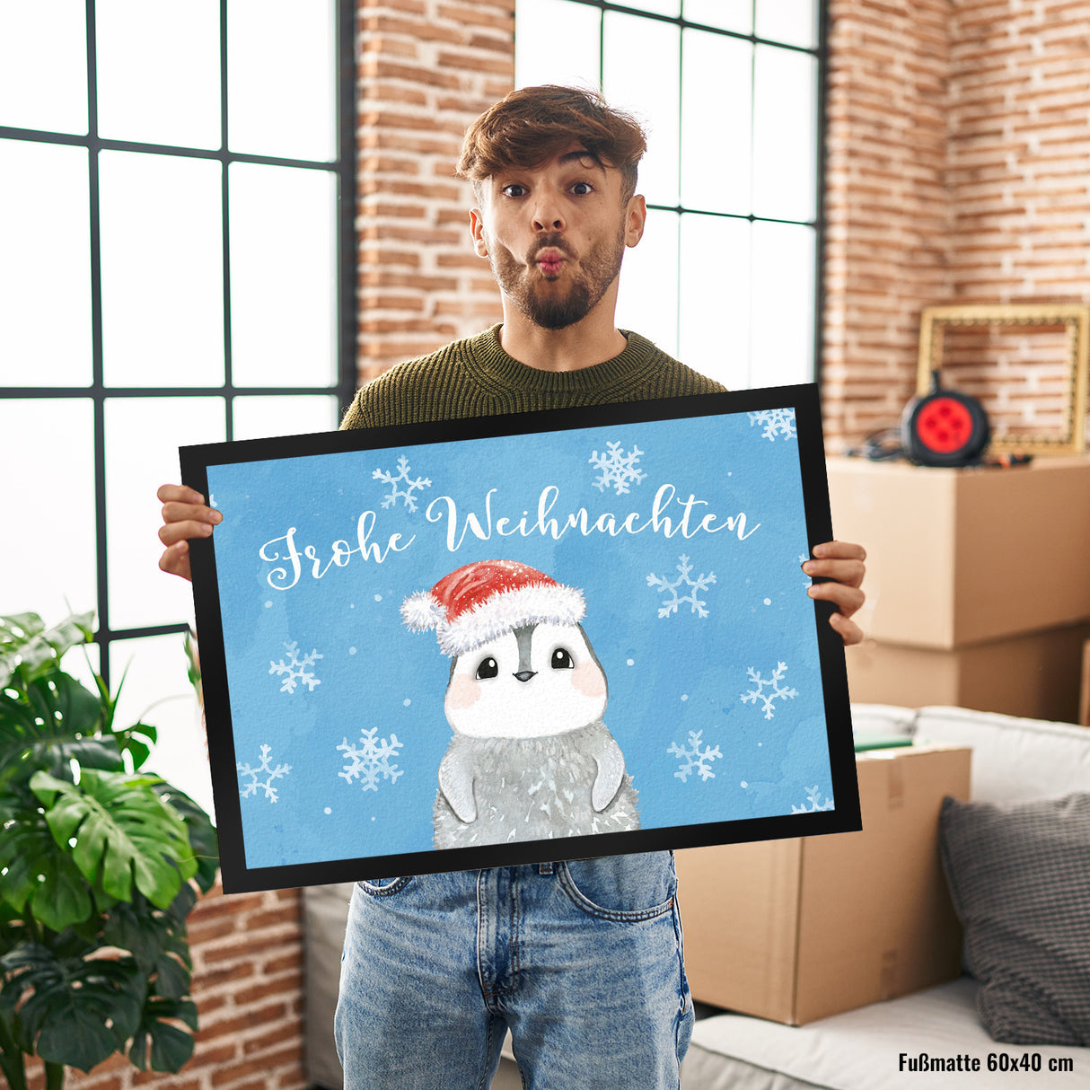 Pinguin mit Weihnachtsmütze Fußmatte in 35x50 cm und Spruch Frohe Weihnachten