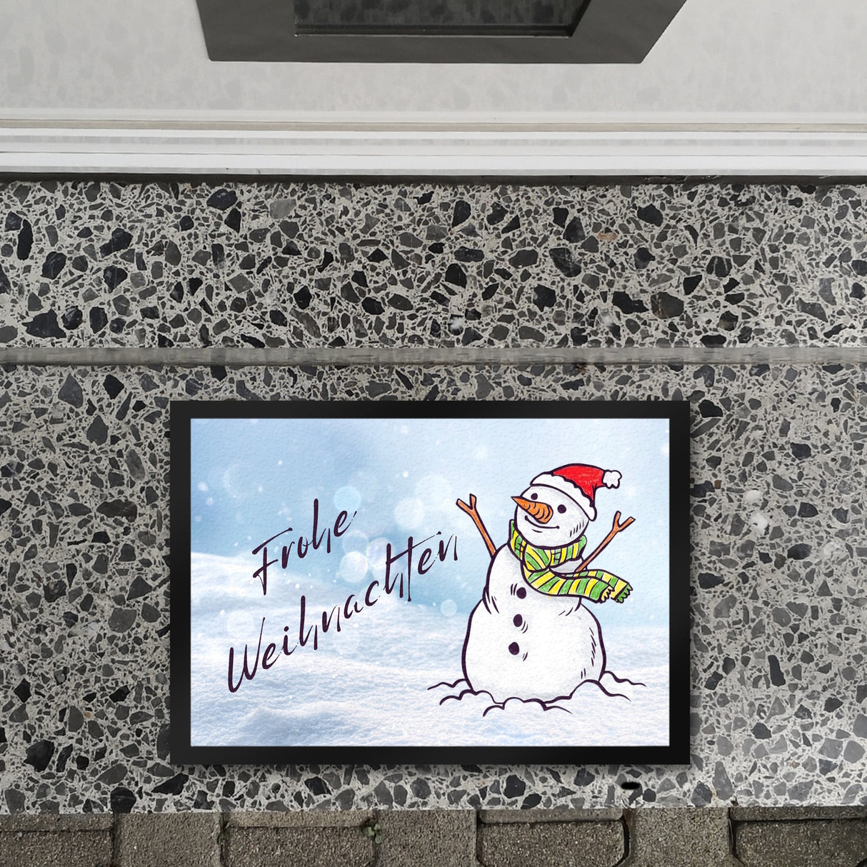 Schneemann mit Mütze Fußmatte in 35x50 cm mit Spruch Frohe Weihnachten