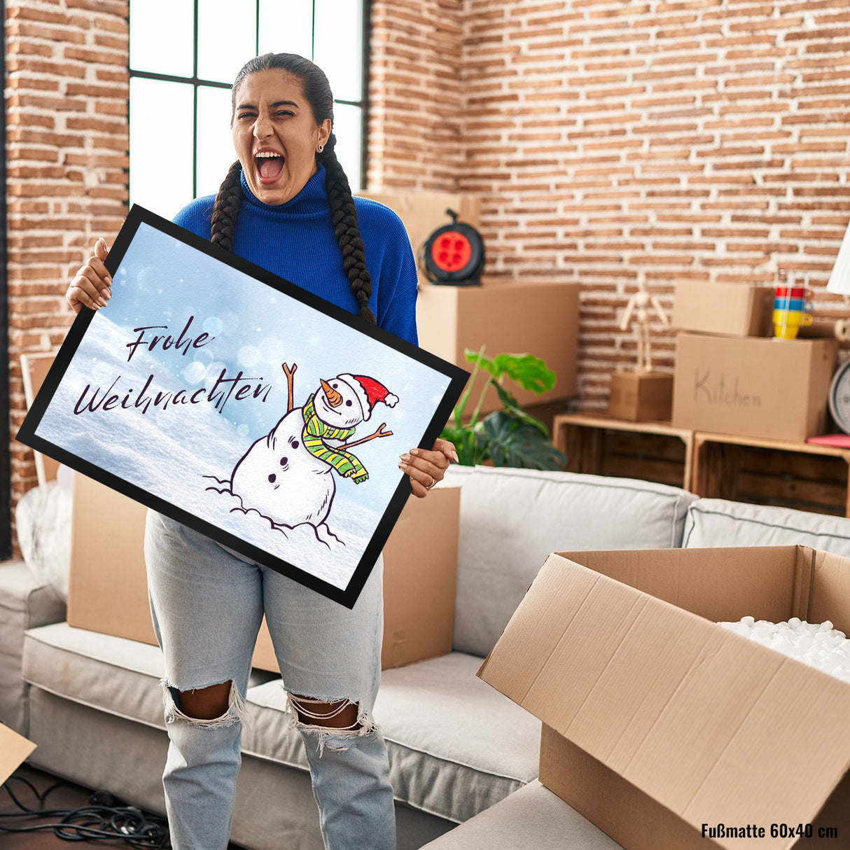 Schneemann mit Mütze Fußmatte in 35x50 cm mit Spruch Frohe Weihnachten