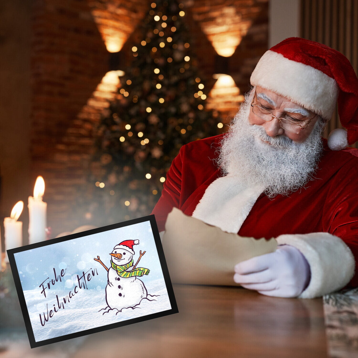 Schneemann mit Mütze Fußmatte in 35x50 cm mit Spruch Frohe Weihnachten